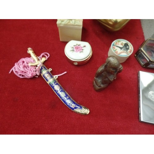 96 - BOX OF MIXED ITEMS, INC PILL BOXES, BRASS GOLF THEMED PAPERWEIGHT, LETTER OPENER ETC ETC.