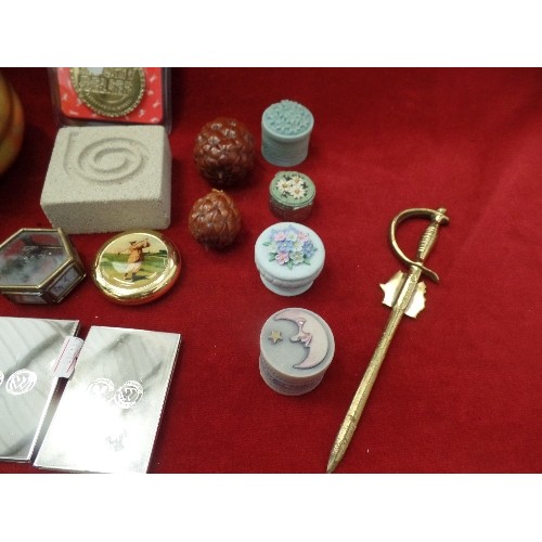 96 - BOX OF MIXED ITEMS, INC PILL BOXES, BRASS GOLF THEMED PAPERWEIGHT, LETTER OPENER ETC ETC.