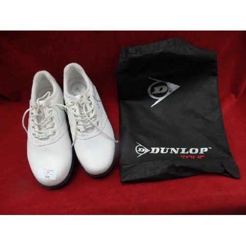 108 - UNWORN DUNLOP TOUR GOLF SHOES. SIZE 6.5. IN WHITE. WITH DUST BAG.