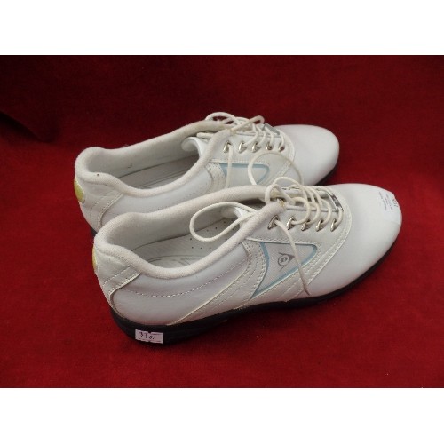 108 - UNWORN DUNLOP TOUR GOLF SHOES. SIZE 6.5. IN WHITE. WITH DUST BAG.