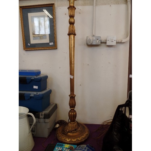 137 - VINTAGE TURNED WOOD LAMP BASE, WITH ANTIQUED GOLD/BRASS FINISH. TALL CANDLE STYLE ATTACHMENT HOLDS T... 