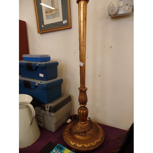 137 - VINTAGE TURNED WOOD LAMP BASE, WITH ANTIQUED GOLD/BRASS FINISH. TALL CANDLE STYLE ATTACHMENT HOLDS T... 