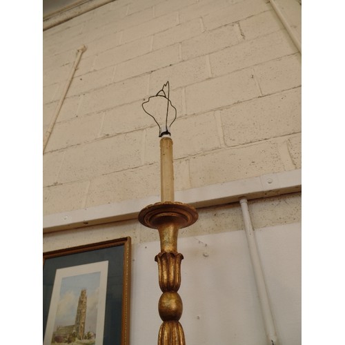 137 - VINTAGE TURNED WOOD LAMP BASE, WITH ANTIQUED GOLD/BRASS FINISH. TALL CANDLE STYLE ATTACHMENT HOLDS T... 