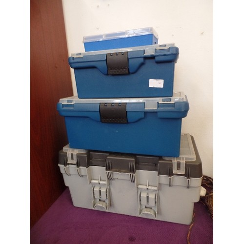 140 - STACK OF GRADUATED[NOT MATCHING] PLASTIC TOOL BOXES, USED AS HOBBY BOXEWS, AND CONTAINING SOME ART I... 