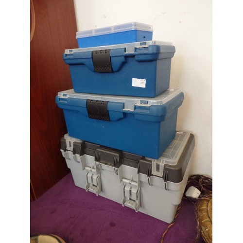 140 - STACK OF GRADUATED[NOT MATCHING] PLASTIC TOOL BOXES, USED AS HOBBY BOXEWS, AND CONTAINING SOME ART I... 