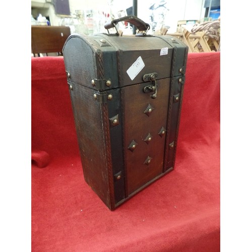 153 - WOODEN UPRIGHT BOX, HINGED LID, TREASURE CHEST STYLE WITH STUD DETAIL