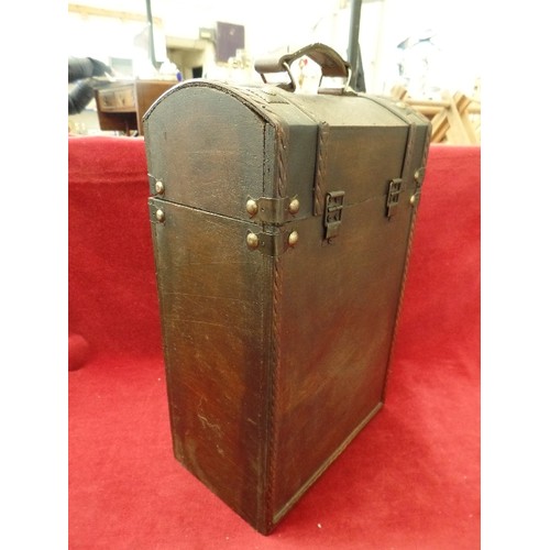 153 - WOODEN UPRIGHT BOX, HINGED LID, TREASURE CHEST STYLE WITH STUD DETAIL