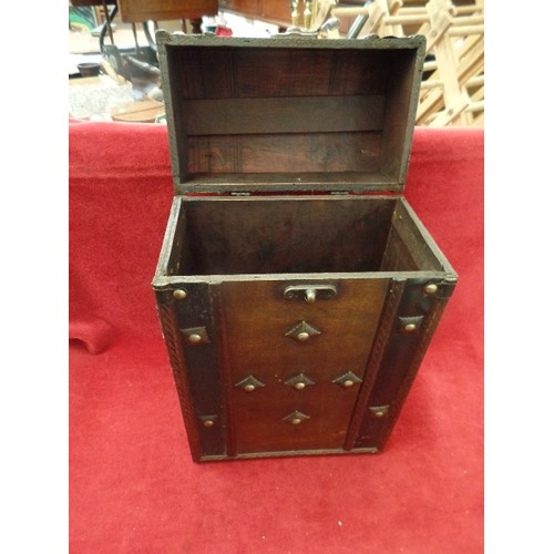 153 - WOODEN UPRIGHT BOX, HINGED LID, TREASURE CHEST STYLE WITH STUD DETAIL