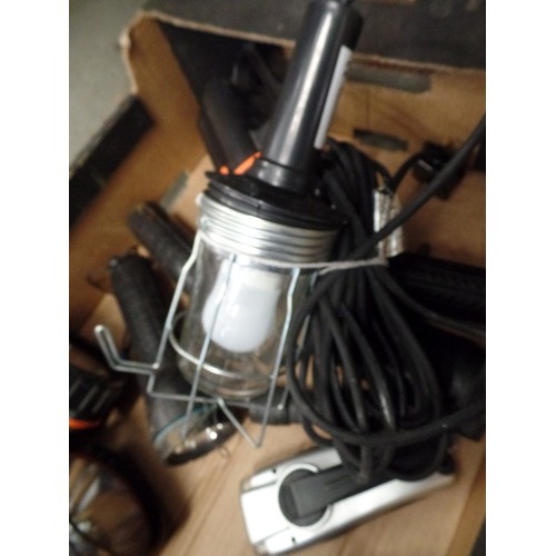 164 - CRATE OF VARIOUS TORCHES, INSPECTION LAMP WITH LONG CABLE ETC.