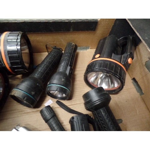 164 - CRATE OF VARIOUS TORCHES, INSPECTION LAMP WITH LONG CABLE ETC.
