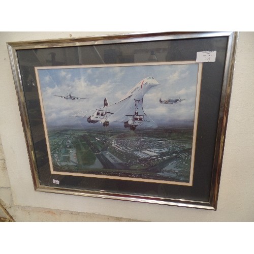 176 - BRITISH AIRWAYS PRINT. CONCORDE FLANKED BY SMALLER PLANES. FRAMED/GLAZED.