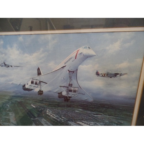 176 - BRITISH AIRWAYS PRINT. CONCORDE FLANKED BY SMALLER PLANES. FRAMED/GLAZED.