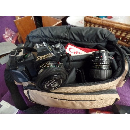 194 - CANON T50 CAMERA, WITH SPEEDLIGHT, LENSES, FLASH FILTER ETC ETC. CONTAINED IN PADDED MULTI-POCKET BA... 