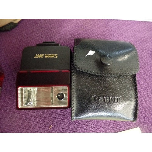 194 - CANON T50 CAMERA, WITH SPEEDLIGHT, LENSES, FLASH FILTER ETC ETC. CONTAINED IN PADDED MULTI-POCKET BA... 