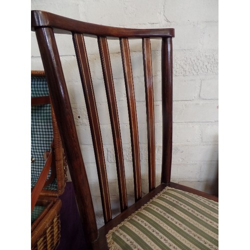 180 - LOVELY LITTLE VINTAGE MAHOGANY BEDROOM CHAIR. LOW SEAT WITH REGENCY FABRIC.