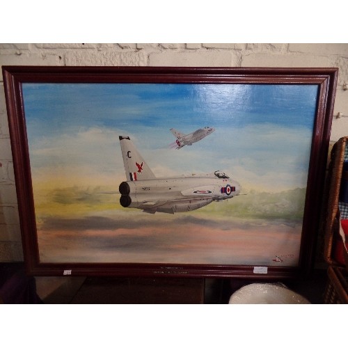 192 - LARGE OIL ON CANVAS. 'THE THOROUGHBRED, LIGHTENING FMK. 23 SQUADRON' SIGNED 'RUTH.M.LANGFORD 84'