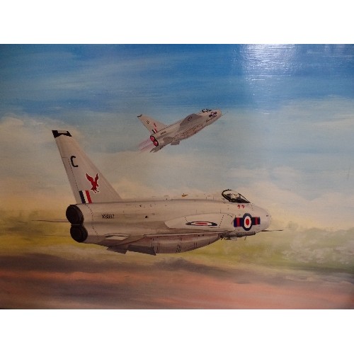 192 - LARGE OIL ON CANVAS. 'THE THOROUGHBRED, LIGHTENING FMK. 23 SQUADRON' SIGNED 'RUTH.M.LANGFORD 84'