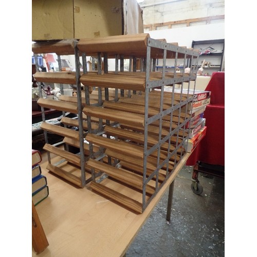 246 - PAIR OF 25 BOTTLE WINE RACKS. WOOD AND GALVANISE METAL.