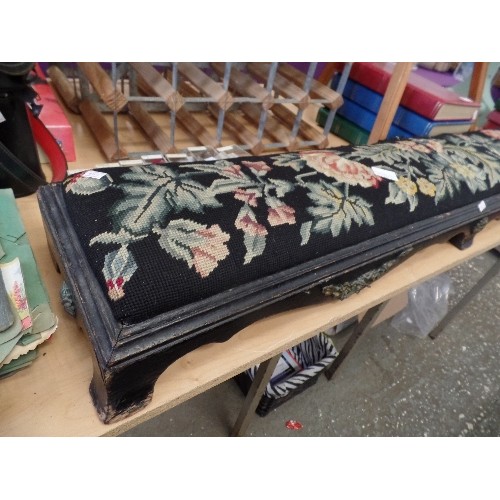 248 - LONG VICTORIAN KNEELING OR FENDER STOOL. BLACK TAPESTRY GROUND WITH FLORAL DESIGN.