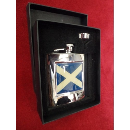 2 - NEW HIP FLASK WITH FILLING FUNNEL  ST ANDREWS FLAG ON THE FRONT