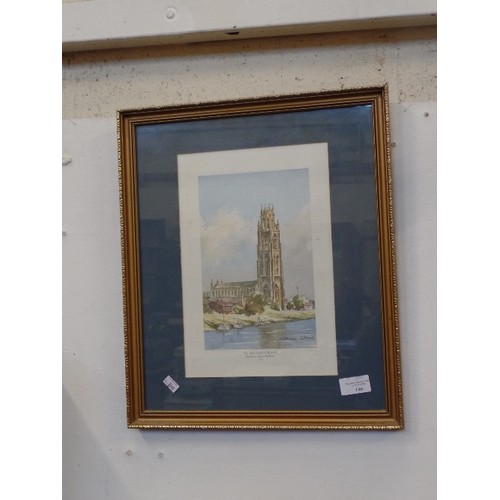 146 - VINTAGE WATERCOLOUR OF ST BOTOLPHS CHURCH, BOSTON, LINCS. SIGNED FREDA WARD 1986. FRAMED/GLAZED.