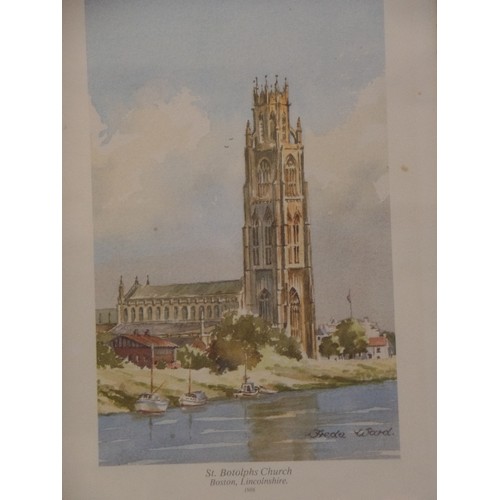 146 - VINTAGE WATERCOLOUR OF ST BOTOLPHS CHURCH, BOSTON, LINCS. SIGNED FREDA WARD 1986. FRAMED/GLAZED.