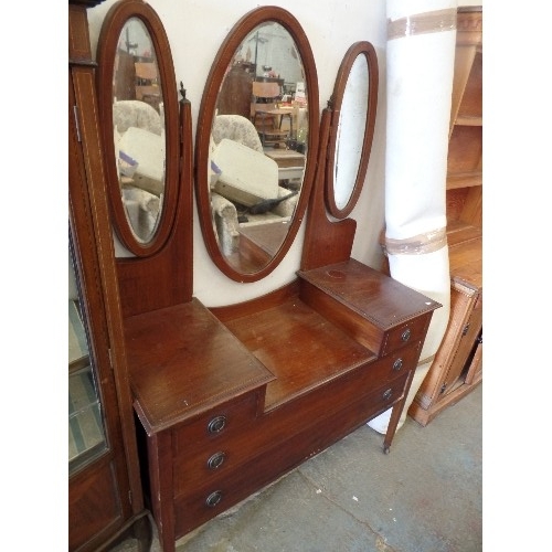 544 - MAHOGANY INLAID 2/2 DRESSING TABLE WITH TRIPLE VANITY MIRROR