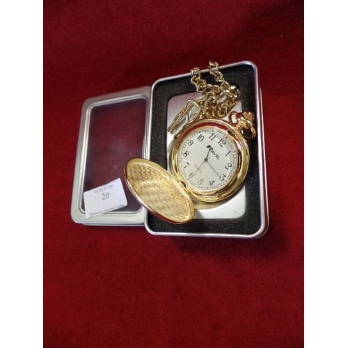 20 - A RAVEL POCKET WATCH WITH FOB CHAIN BOXED WORKING