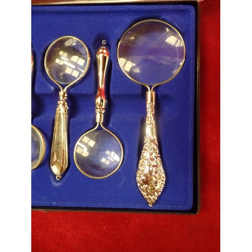 38 - CASED COLLECTION OF 6 SILVER METAL MAGNIFYING GLASSES