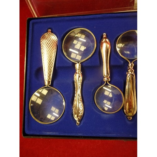 38 - CASED COLLECTION OF 6 SILVER METAL MAGNIFYING GLASSES