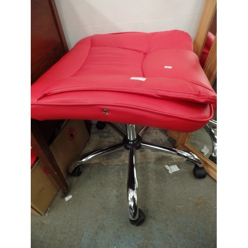 549 - METAL FRAMED RED FAUX LEATHER OFFICE CHAIR MISSING BACK SEAT PAD