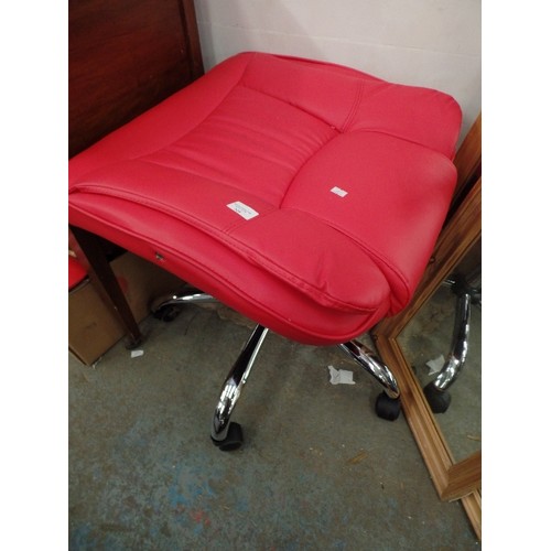 549 - METAL FRAMED RED FAUX LEATHER OFFICE CHAIR MISSING BACK SEAT PAD