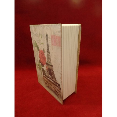 76 - BOOK-SAFE, LOCKABLE CASH-STORAGE BOX. EIFFEL TOWER-PARIS THEMED. BOXED.