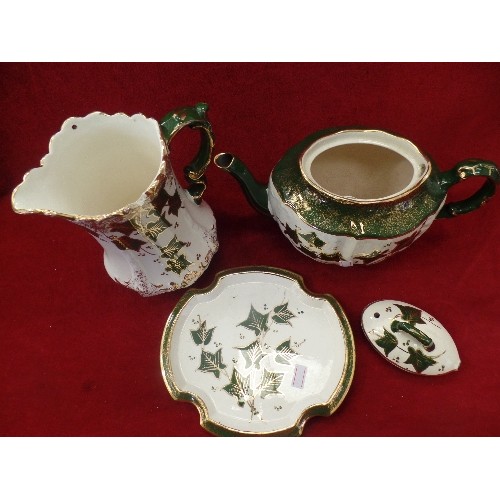 77 - VINTAGE TEAPOT AND JUG. IVY DESIGN. GREEN/CREAM & GOLD.