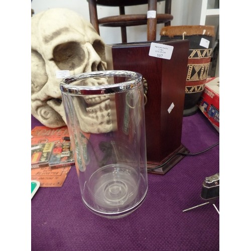 107 - POLISHED MAHOGANY WINE BOTTLE COOLER. BRASS LION-HEAD HANDLES.