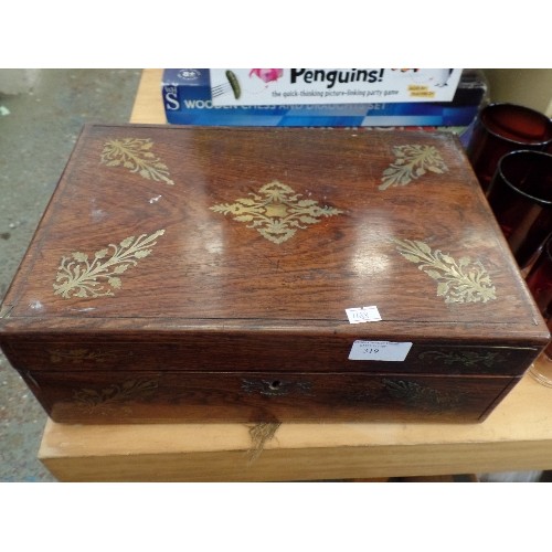 160 - VICTORIAN WOODEN WRITING SLOPE/BOX WITH ATTRACTIVE BRASS INLAY.