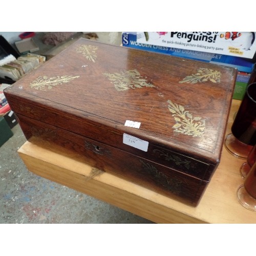 160 - VICTORIAN WOODEN WRITING SLOPE/BOX WITH ATTRACTIVE BRASS INLAY.