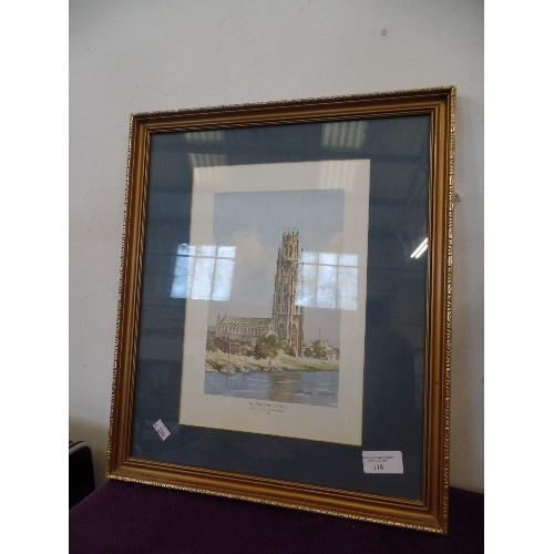 118 - PRINT OF ST BOTOLPHS CHURCH 'BOSTON STUMP'  BOSTON. LINCS. 1986. SIGNED FREDA WARD. FRAMED/GLAZED.