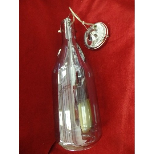 132 - GLASS AND CHROME PENDANT LIGHT. BOTTLE-SHAPED.