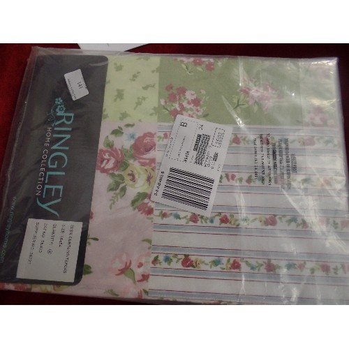 141 - BRAND-NEW/PACKAGED CURTAINS AND TIE-BACKS.  FLORAL PATCHWORK EFFECT. SIZE 66 X 54