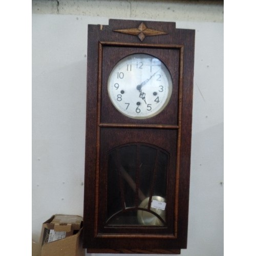 154 - ENFIELD ART DECO WOODEN-CASED WALL CLOCK. PENDULIUM. SUNRISE GLASS 'WINDOW'