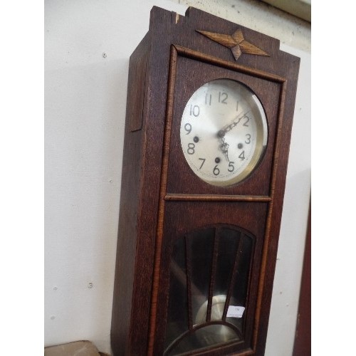 154 - ENFIELD ART DECO WOODEN-CASED WALL CLOCK. PENDULIUM. SUNRISE GLASS 'WINDOW'