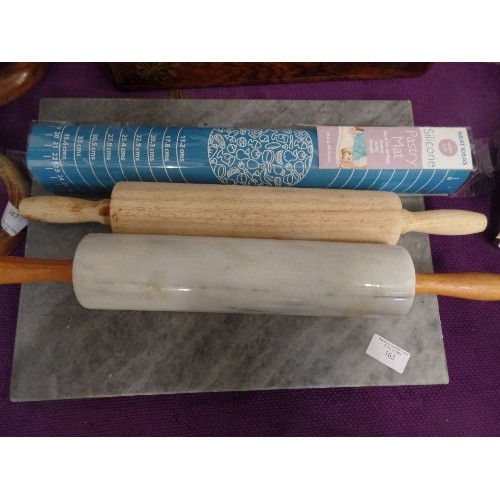 162 - GREY MARBLE ROLLING PIN[ON WOODEN STAND] AND BOARD. ALSO A WOODEN ROLLING PIN, AND A SILICONE PASTRY... 