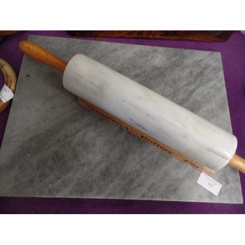 162 - GREY MARBLE ROLLING PIN[ON WOODEN STAND] AND BOARD. ALSO A WOODEN ROLLING PIN, AND A SILICONE PASTRY... 