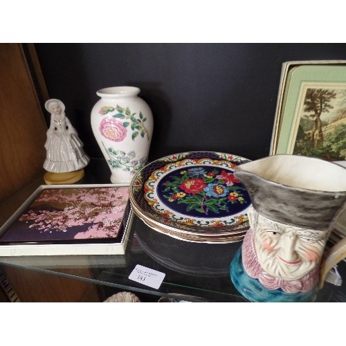 183 - SHELF OF MIXED ORNAMENTS,PORTMERION VASE,  PLATES, PLACEMATS, GLASSWARE ETC.