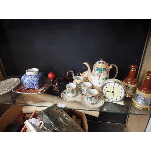 184 - SHELF OF VINTAGE CERAMICS. INC BONE CHINA JAPANESE TEA SET, BELLS WHISKEY BELL DECANTERS ETC.