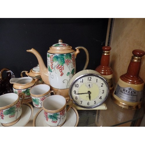 184 - SHELF OF VINTAGE CERAMICS. INC BONE CHINA JAPANESE TEA SET, BELLS WHISKEY BELL DECANTERS ETC.