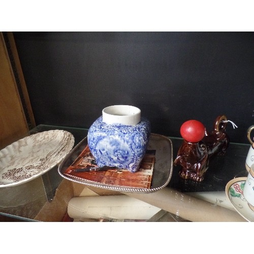 184 - SHELF OF VINTAGE CERAMICS. INC BONE CHINA JAPANESE TEA SET, BELLS WHISKEY BELL DECANTERS ETC.