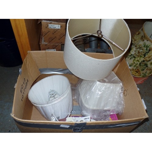 284 - A BOX FULL OF GLASS CHANDELIER DROPS, ALSO BRAND NEW/PACKAGED WHITE LAMP SHADES. TOGETHER WITH AN OA... 