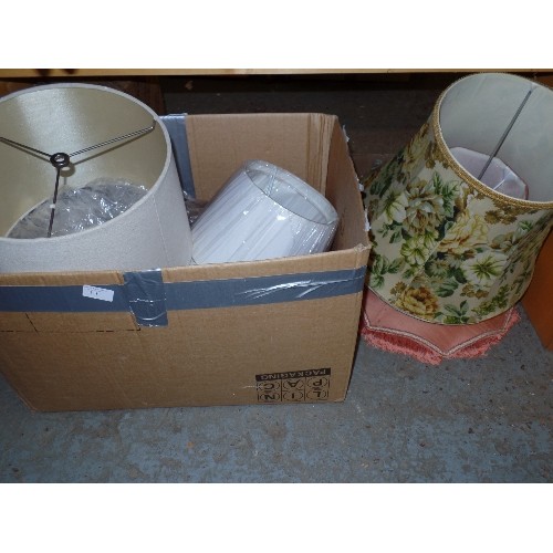 284 - A BOX FULL OF GLASS CHANDELIER DROPS, ALSO BRAND NEW/PACKAGED WHITE LAMP SHADES. TOGETHER WITH AN OA... 